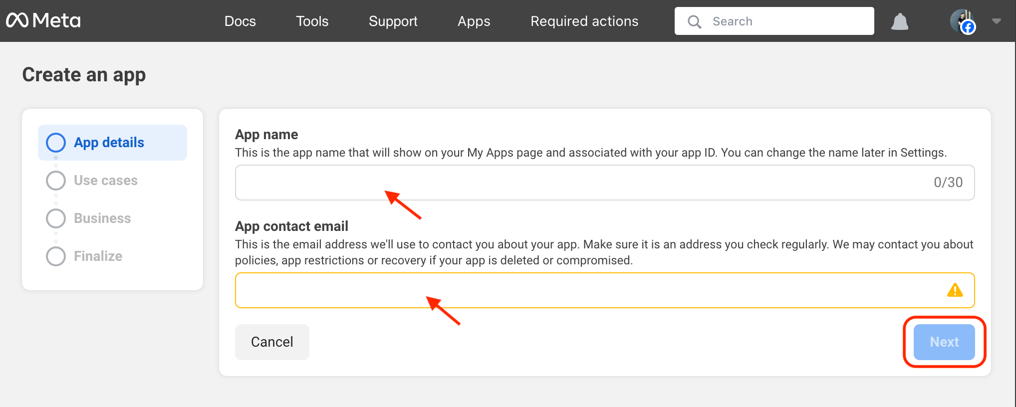 Enter Application Name and Email Enter Application Name and Email