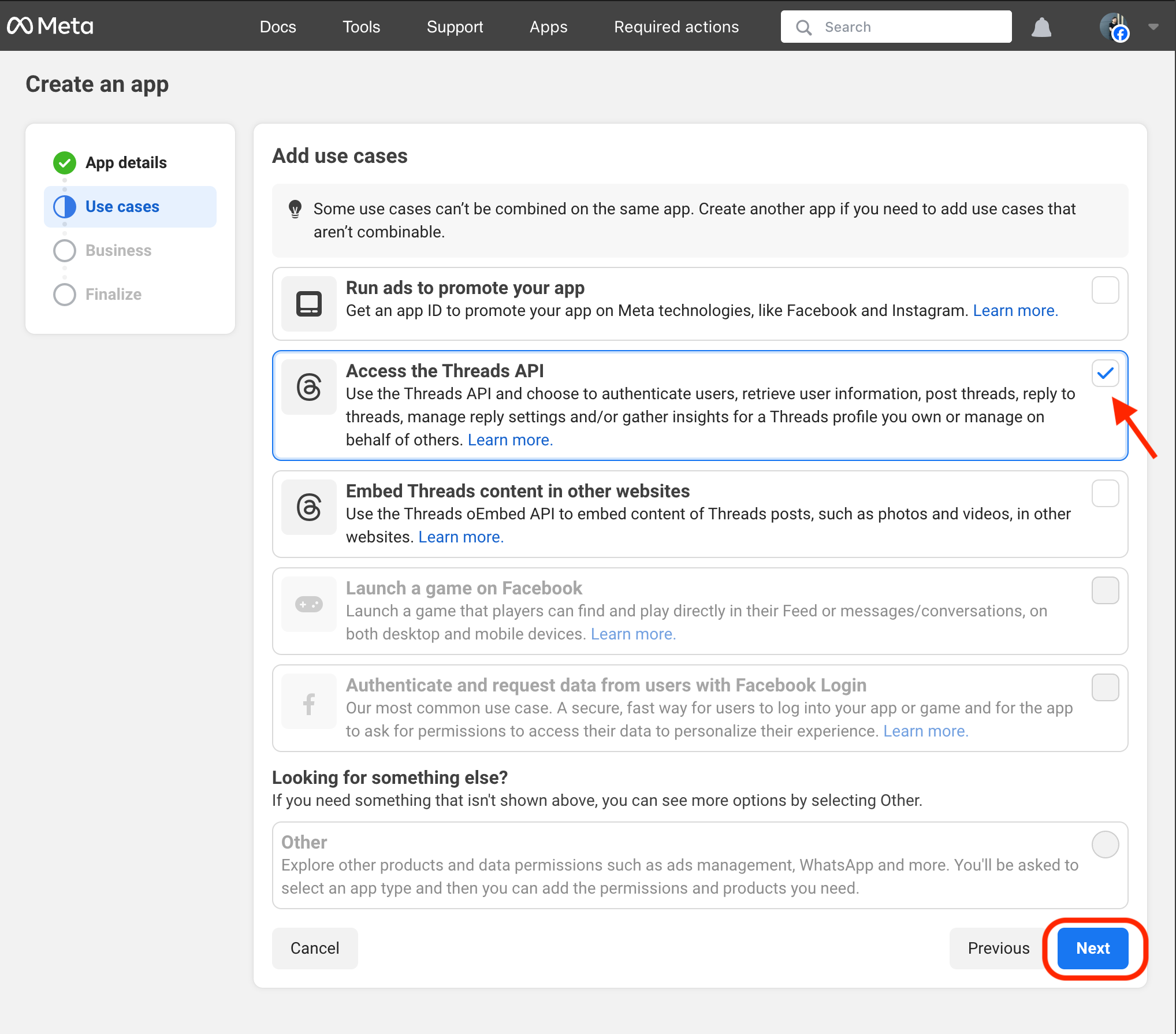 Select Use Case as Threads Choosing Threads as the use case while creating a Facebook app.