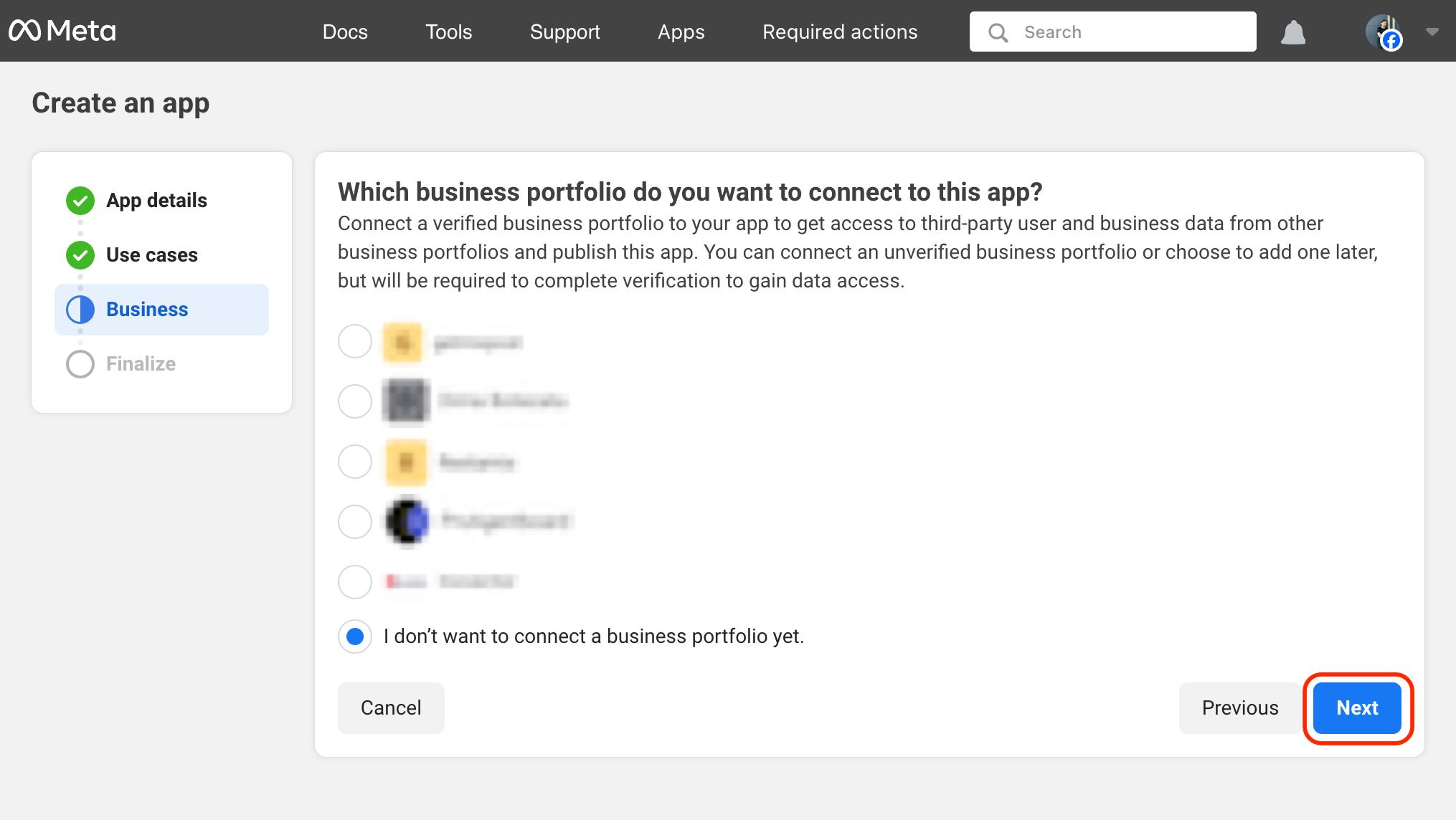 Select a business portfolio (optional) Select a business portfolio (optional)