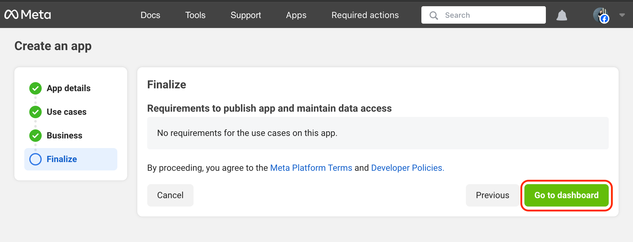 Review and Create App Reviewing details and clicking the “Create App” button in the Facebook Developer Dashboard.